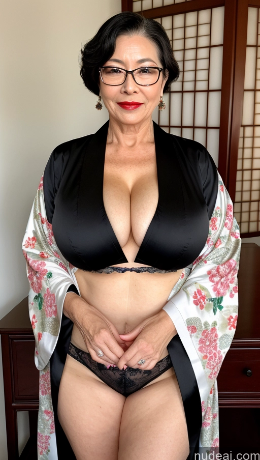 ai nude image of there is a woman in a black bra top and glasses posing for a picture pics of Milf One Busty Big Hips Big Ass Pubic Hair Fairer Skin Lipstick Glasses Asian 60s Kimono Black Hair