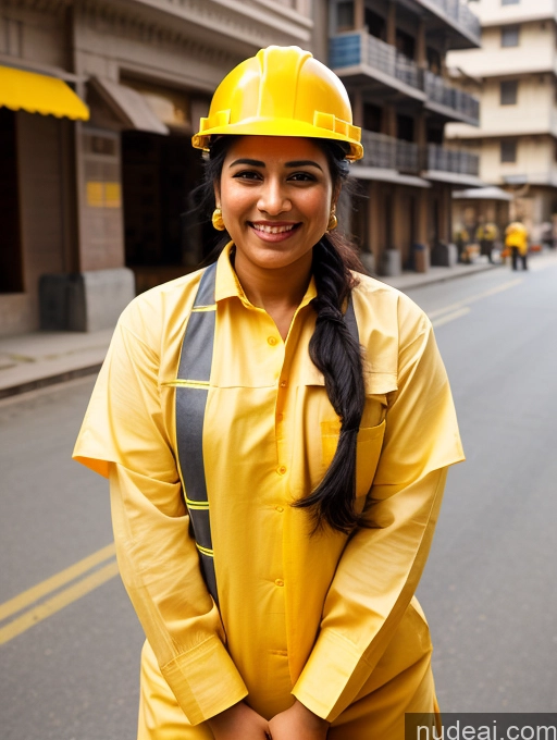 ai nude image of there is a woman in a yellow hard hat and yellow raincoat pics of Traditional Construction Worker Bending Over Front View Street Indian Ponytail Black Hair Happy