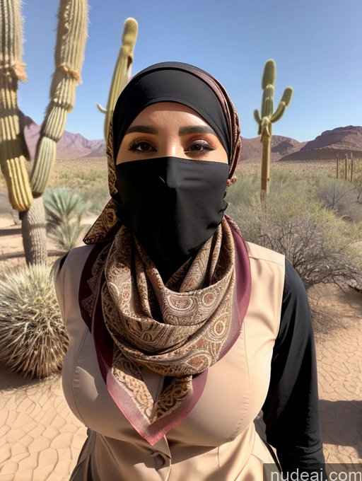 ai nude image of woman wearing a black scarf and a black mask in front of a cactus pics of Huge Boobs Oasis 30s Scarf Niqab