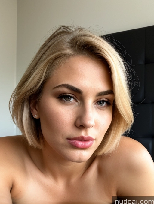 ai nude image of blond woman with a black top and a black headboard pics of Bending Over Close-up View Pubic Hair Busty Perfect Body Shocked Seductive Serious Sad Sexy Face Blonde Bobcut Bedroom Milf 18 Pouting Lips