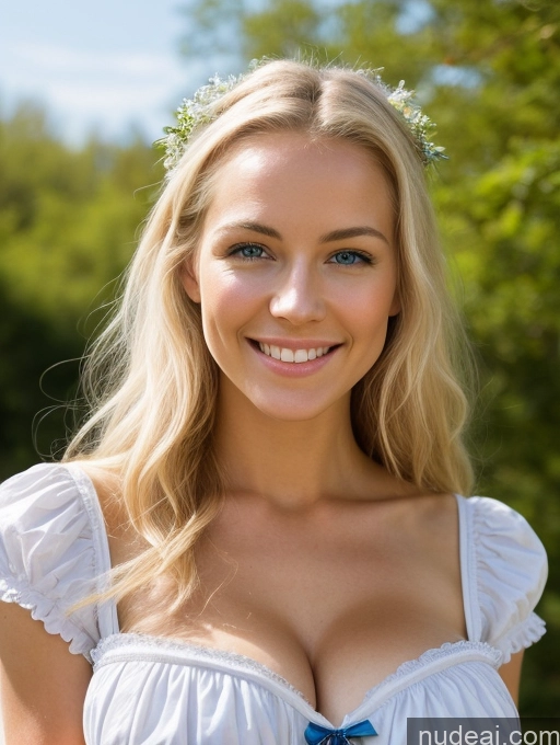 ai nude image of blonde woman with blue ribbon and flower crown smiling at camera pics of Dirndl Medieval Victorian Cleavage Bright Lighting Detailed Skin Detail (beta) Scandinavian Happy Sexy Face 18 Huge Boobs Woman Skinny Abs Short Perfect Body Laughing