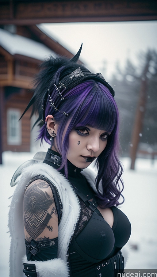 ai nude image of arafed woman with purple hair and piercings in a black outfit pics of Athlete Perfect Boobs Purple Hair Ethiopian Snow Close-up View Angel Gothic Punk Girl