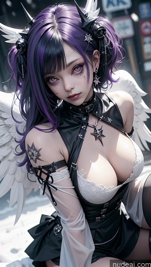 ai nude image of araffe angel with purple hair and white wings sitting on a bench pics of Perfect Boobs Purple Hair Ethiopian Snow Close-up View Angel Gothic Punk Girl Milf