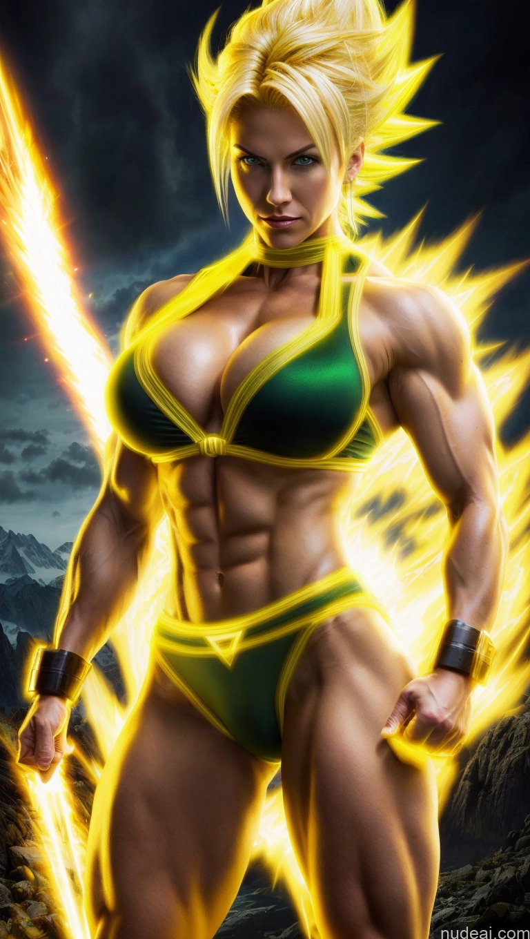 ai nude image of a close up of a person with a very sexy body and a fire pics of Tie Abs Muscular Busty Super Saiyan Powering Up Neon Lights Clothes: Yellow