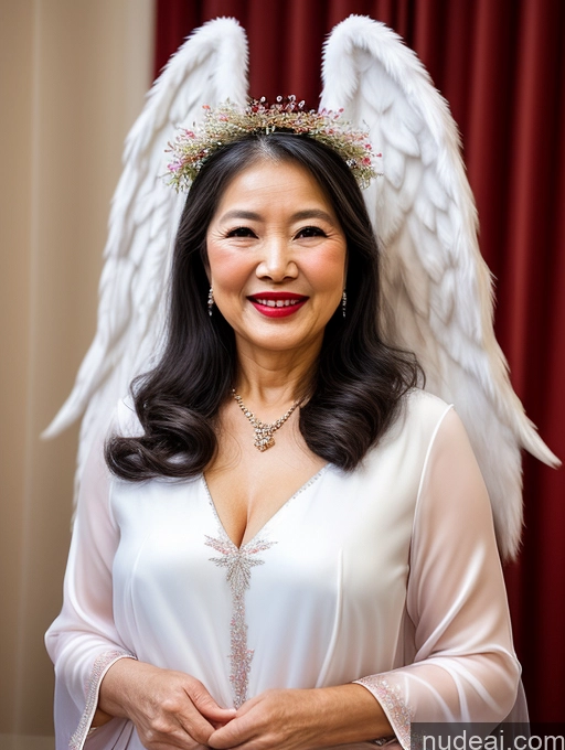 ai nude image of arafed woman in a white dress with angel wings and a tiable pics of Woman Beautiful Lipstick Vietnamese Angel 70s Sexy Face Happy Long Hair