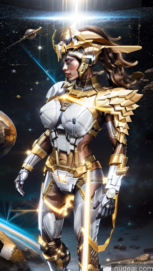 ai nude image of arafed woman in armor standing in front of a planet pics of Tie SuperMecha: A-Mecha Musume A素体机娘 Menstoga, White Robes, In White And Gold Costumem, Gold Headpiece, Gold Belt, Gold Chain Woman Muscular Abs SSS: A-Mecha Musume A素体机娘 Knight Space Suit Sci-fi Armor Powering Up Heat Vision Dynamic View Perfect Boobs Busty Captain Marvel