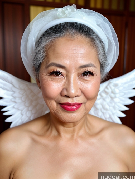 ai nude image of there is a woman with a white headband and angel wings on her head pics of Woman Beautiful Lipstick Vietnamese Angel Pouting Lips Happy Hair Bun Cumshot 80s