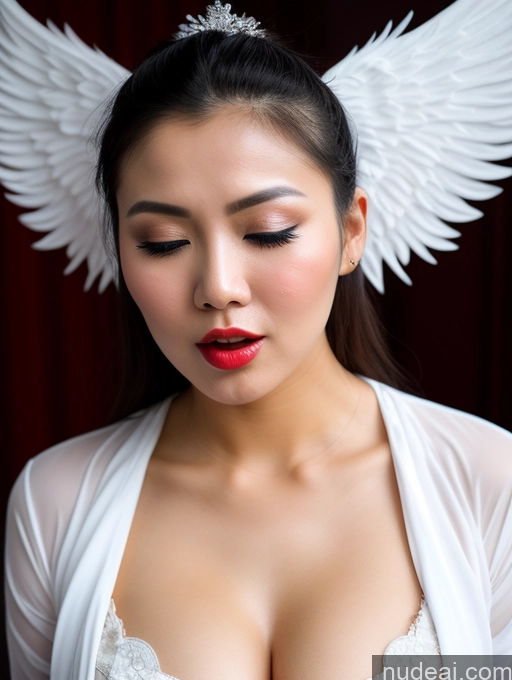 ai nude image of arafed woman with angel wings and a red lip pics of Woman Beautiful Lipstick Vietnamese Angel Hair Bun Cumshot 80s Orgasm Angry Sexy Face