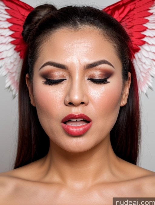 ai nude image of arafed woman with red and white wings on her head pics of Woman Beautiful Lipstick Angel Hair Bun Cumshot Orgasm Angry 70s Vietnamese