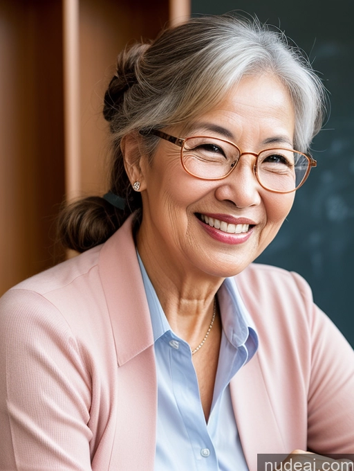 ai nude image of smiling woman with glasses and pink jacket sitting in front of a chalkboard pics of Woman Beautiful Glasses Hair Bun 70s Asian Professor Happy Sexy Face