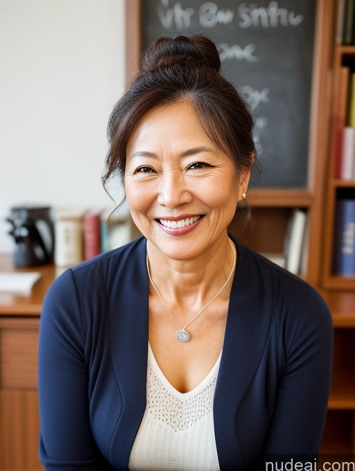 ai nude image of smiling woman in front of a bookcase with a chalkboard behind her pics of Woman Beautiful Hair Bun Asian Professor Happy Sexy Face 60s