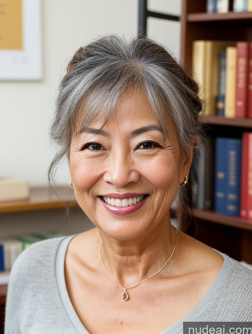 ai nude image of smiling woman with gray hair and a necklace in front of a bookcase pics of Woman Beautiful Hair Bun Asian Professor Happy Sexy Face 60s