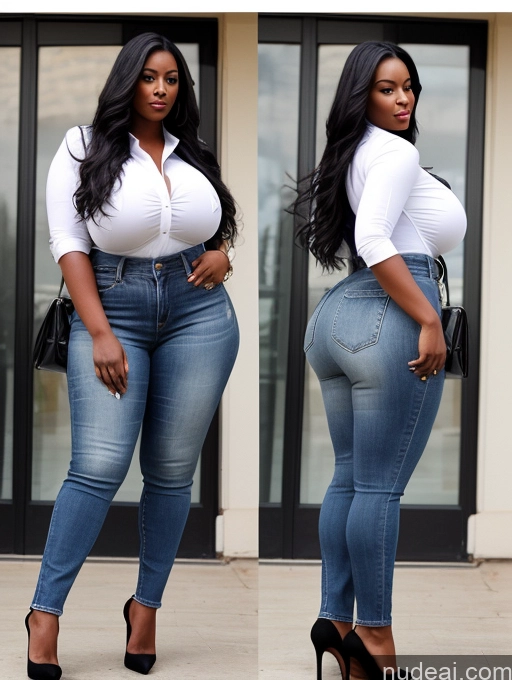 ai nude image of a close up of two photos of a woman in jeans and heels pics of Woman One Huge Boobs Perfect Boobs Big Ass Big Hips Thick Perfect Body 30s Black Hair Long Hair African Side View High Heels Jeans Shirt