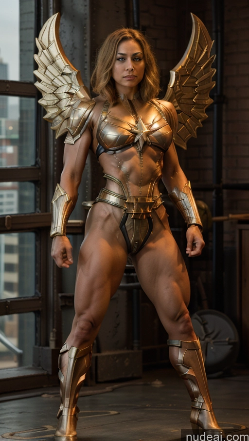 ai nude image of arafed woman in a gold costume posing for a picture pics of Busty Abs Captain Marvel Bodybuilder Muscular Powering Up Chastity Belt Has Wings