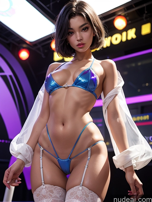 ai nude image of arafed asian woman in a blue bikini and stockings posing for a picture pics of Transparent Detailed Stockings Stylish Suit Strip Club Short Hair Black Hair Seductive 20s Beautiful Small Tits Abs Skinny Small Ass Perfect Body Short Miss Universe Model Dark Fantasy