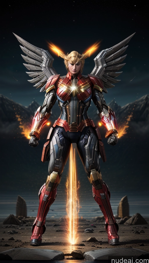 ai nude image of a close up of a person with a fire and a sword pics of Busty Abs Captain Marvel Bodybuilder Muscular SuperMecha: A-Mecha Musume A素体机娘 Has Wings Powering Up Dynamic View Heat Vision Battlefield