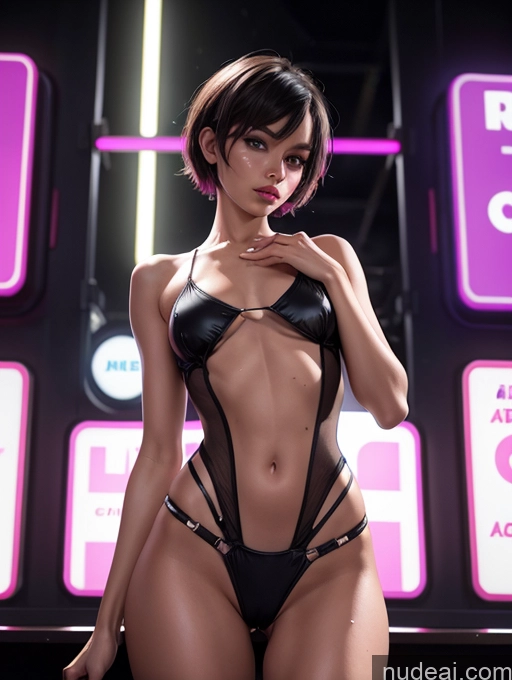 ai nude image of sexy woman in black lingerie posing in front of neon signs pics of Transparent Detailed Stylish Short Hair Seductive 20s Beautiful Small Tits Abs Skinny Small Ass Perfect Body Short Lingerie Model Cyberpunk Oiled Body Brunette One Piece Swimsuit Strip Club