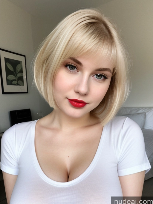 ai nude image of blond woman with red lips and a white shirt posing for a picture pics of Busty Perfect Boobs Beautiful Lipstick Thick Fairer Skin 18 Blonde Bobcut Russian Close-up View Shirt