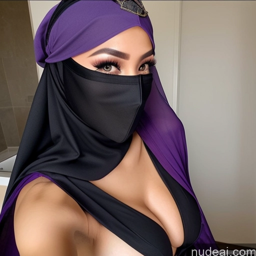 ai nude image of arafed woman wearing a black and purple hijab and a purple scarf pics of Perfect Boobs Small Tits Perfect Body 30s Purple Hair Miss Universe Model Spreading Legs Several Ahegao Side View Malaysian Niqab