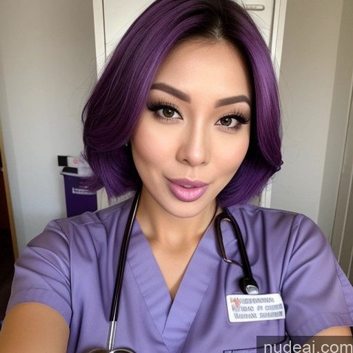 ai nude image of arafed woman with purple hair wearing a purple scrub suit and a stethoscope pics of Perfect Boobs Small Tits Perfect Body 30s Purple Hair Miss Universe Model Spreading Legs Ahegao One Malaysian Front View Nurse