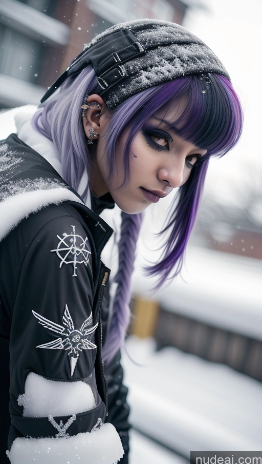 ai nude image of arafed woman with purple hair and a black jacket and a white hat pics of Athlete Perfect Boobs Purple Hair Ethiopian Snow Close-up View Angel Gothic Punk Girl