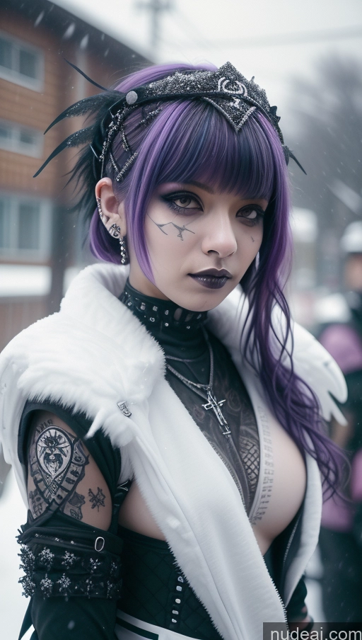 ai nude image of arafed woman with purple hair and a white cape and black gloves pics of Athlete Perfect Boobs Purple Hair Ethiopian Snow Close-up View Angel Gothic Punk Girl