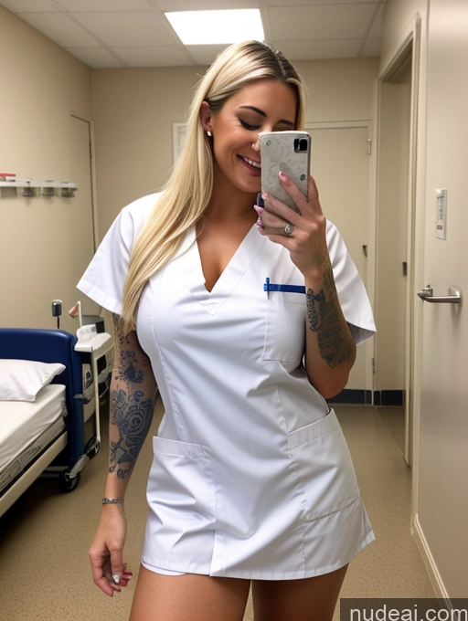 ai nude image of arafed woman in a white dress taking a selfie in a hospital room pics of Woman One Perfect Boobs Beautiful Tattoos 20s Orgasm Blonde Long Hair White Soft + Warm Hospital Nurse Detailed