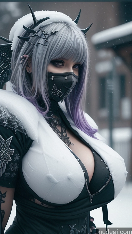 ai nude image of araffe dressed in black and white with a mask and wings pics of Athlete Purple Hair Ethiopian Snow Close-up View Angel Gothic Punk Girl Perfect Boobs Huge Boobs