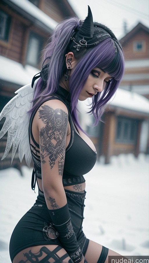 ai nude image of arafed woman with purple hair and angel wings posing in the snow pics of Athlete Purple Hair Ethiopian Snow Close-up View Angel Gothic Punk Girl Perfect Boobs Huge Boobs