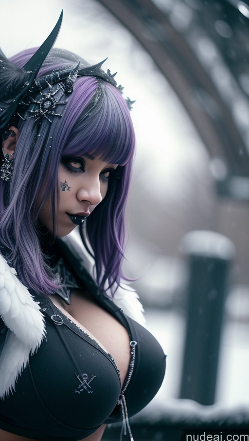 ai nude image of araffe with purple hair and horns in a black outfit pics of Athlete Purple Hair Ethiopian Snow Close-up View Angel Gothic Punk Girl Perfect Boobs Huge Boobs