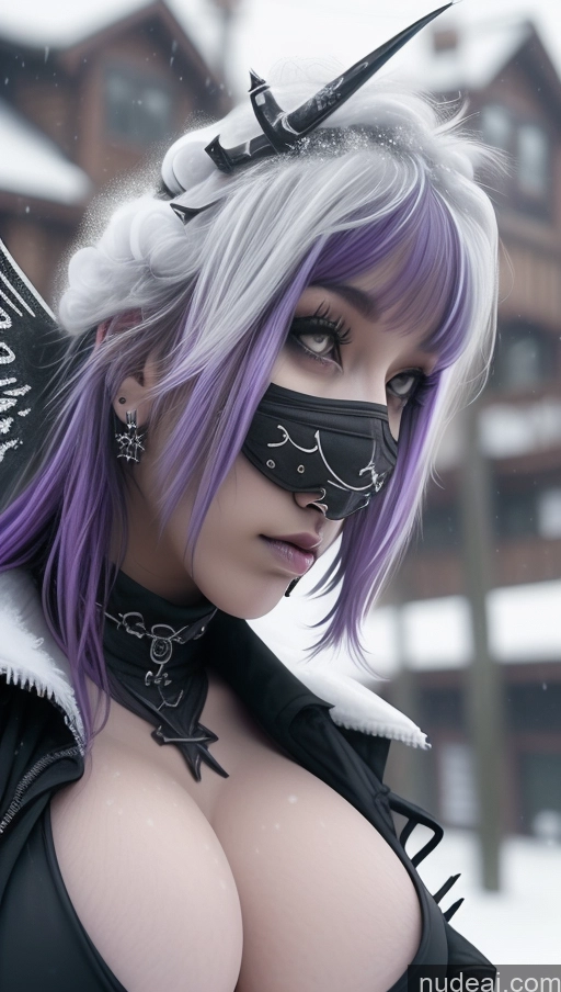 ai nude image of araffe with purple hair and a black mask and a white collar pics of Athlete Purple Hair Ethiopian Snow Close-up View Angel Gothic Punk Girl Perfect Boobs Huge Boobs Cleavage