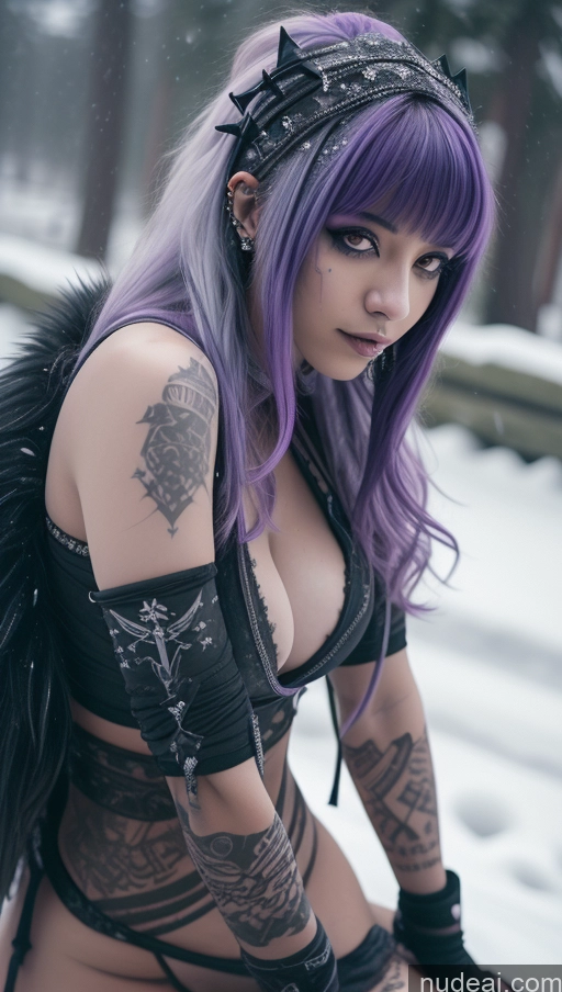 ai nude image of arafed woman with purple hair and black gloves posing in the snow pics of Athlete Purple Hair Ethiopian Snow Close-up View Angel Gothic Punk Girl Perfect Boobs Cleavage Partially Nude