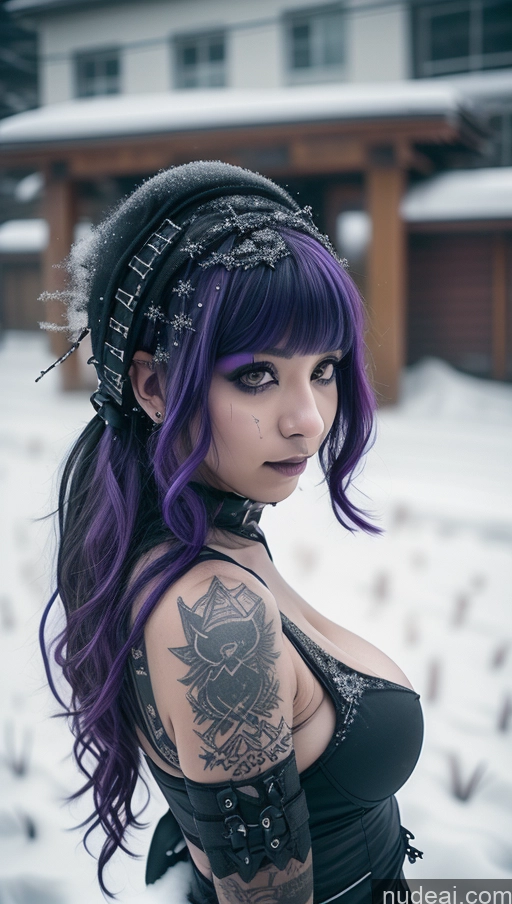 ai nude image of arafed woman with purple hair and tattoos in the snow pics of Athlete Purple Hair Ethiopian Snow Angel Gothic Punk Girl Perfect Boobs Cleavage Close-up View