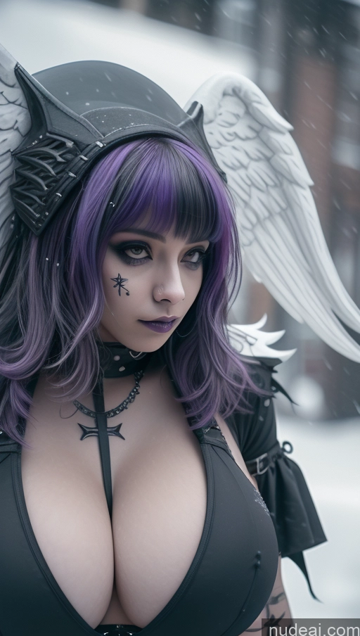 ai nude image of arafed woman with purple hair and wings in a black outfit pics of Athlete Purple Hair Ethiopian Snow Angel Gothic Punk Girl Perfect Boobs Close-up View Huge Boobs