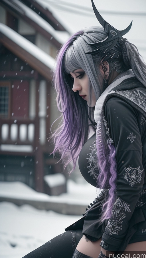 ai nude image of araffe with purple hair and horns sitting on a bench in the snow pics of Athlete Purple Hair Ethiopian Snow Angel Gothic Punk Girl Perfect Boobs Close-up View Huge Boobs