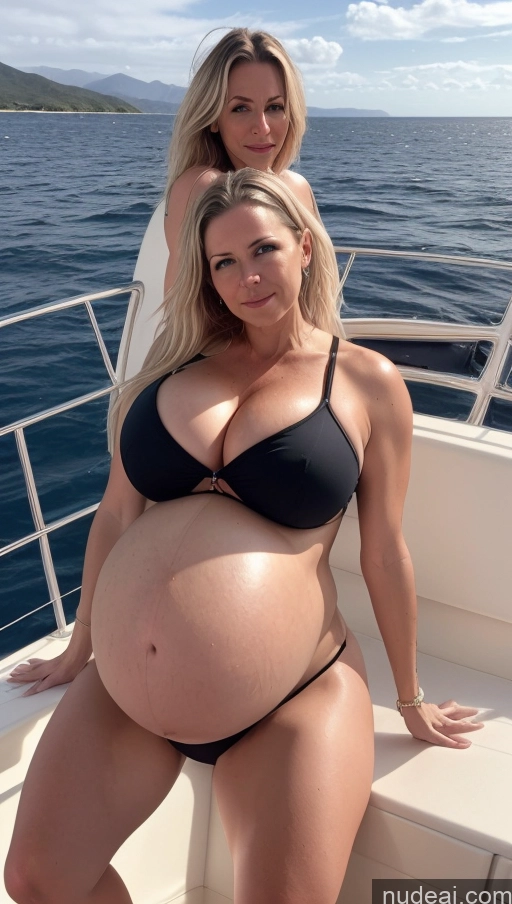 ai nude image of pregnant woman in black bikini posing on boat with her friend pics of Muscular Big Ass Pregnant Fairer Skin 70s Sexy Face Blonde Messy British Dark_Fantasy_Style Yacht Belly Inflation, Cuminflation, Overeating Nude Dark Lighting Detailed Partially Nude Huge Boobs Fat