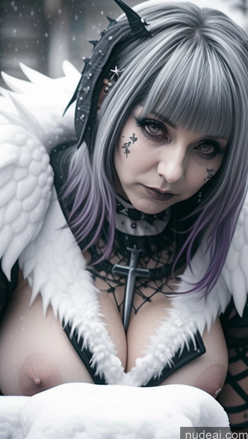 ai nude image of arafed woman with wings and a sword in a snowy scene pics of Purple Hair Ethiopian Snow Angel Gothic Punk Girl Perfect Boobs Close-up View Huge Boobs Nude Milf Pet Play