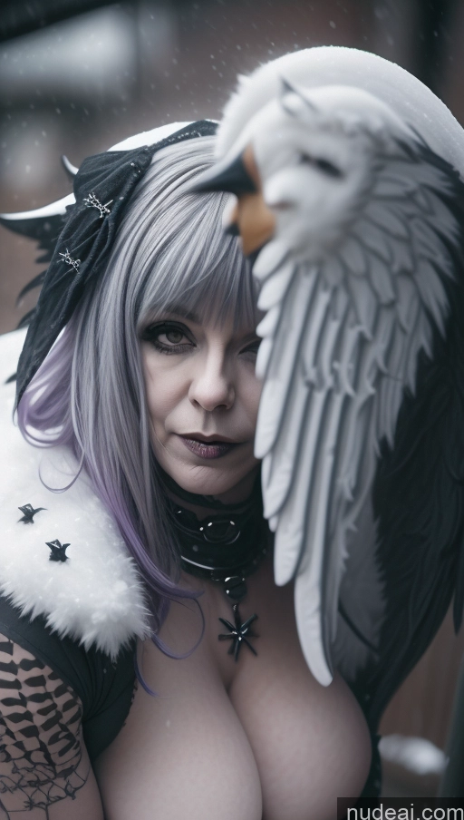 ai nude image of arafed woman with wings and a collar with a large breast pics of Purple Hair Ethiopian Snow Angel Gothic Punk Girl Perfect Boobs Close-up View Huge Boobs Nude Milf Pet Play