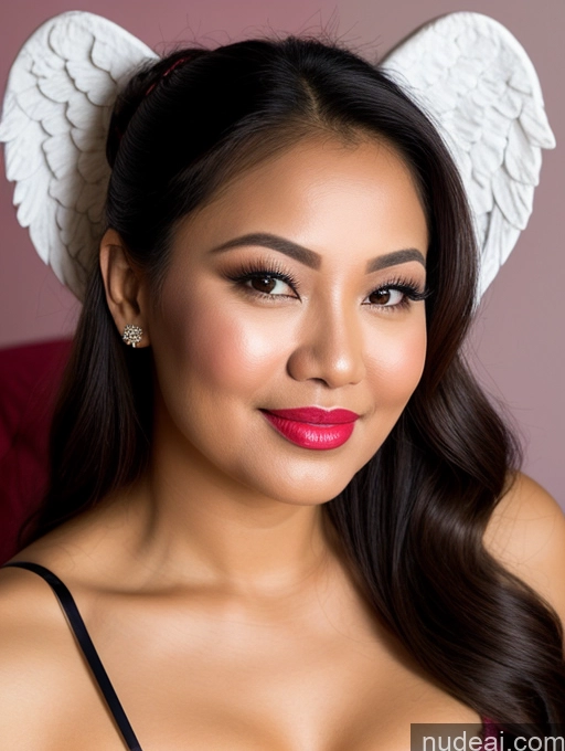 ai nude image of there is a woman with angel wings on her head and a pink dress pics of Lingerie Model Beautiful Lipstick Hair Bun Happy Pouting Lips Angel 80s Filipina