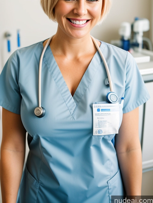 ai nude image of smiling woman in scrubs standing in a hospital room with a stethoscope pics of Woman Busty Beautiful Nurse Blonde Laughing Happy 30s British Hospital Pixie Plank Perfect Boobs