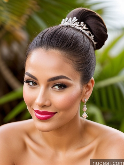 ai nude image of a close up of a woman wearing a tiable and a pink lipstick pics of Miss Universe Model Beautiful Lipstick Hair Bun 60s Polynesian Pouting Lips Happy