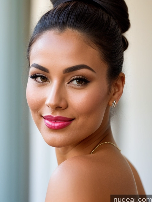 ai nude image of araffed woman with a pink lip and a bun bun pics of Miss Universe Model Beautiful Lipstick Hair Bun Polynesian Pouting Lips Happy 70s