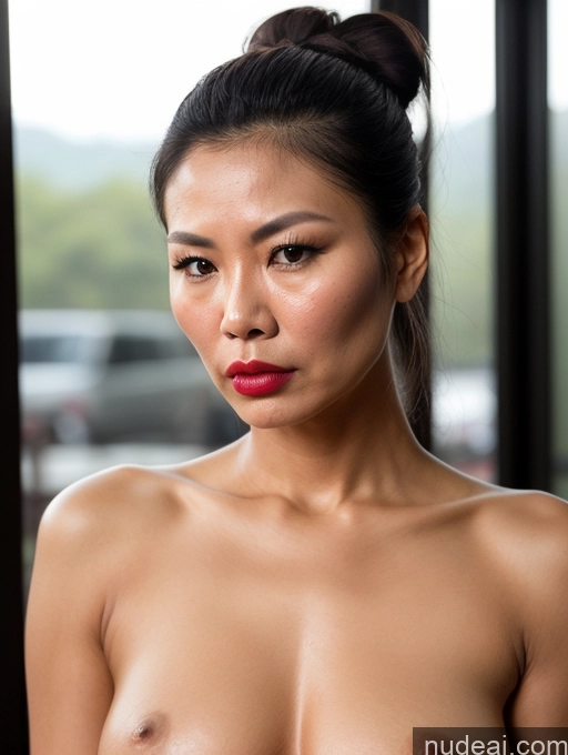 ai nude image of arafed asian woman with a red lip and a big breast pics of Model Beautiful Lipstick Hair Bun Thai Detailed 60s Sexy Face Pouting Lips Angry