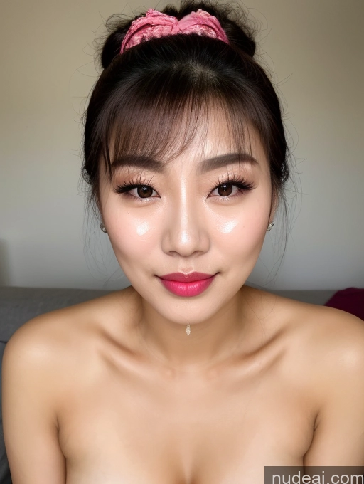 ai nude image of arafed asian woman with a pink headband and a pink top pics of Model Beautiful Lipstick Hair Bun Korean Happy Pouting Lips Cumshot 80s