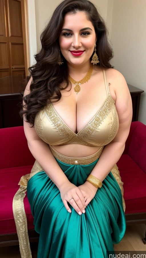 ai nude image of a close up of a woman in a green dress sitting on a red couch pics of Milf Busty Beautiful Lipstick Thick Chubby Fat Big Hips Fairer Skin 20s Happy Seductive Brunette Long Hair Russian Party Front View Straddling Sari Blouse Dirndl Victorian Cleavage Gold Jewelry