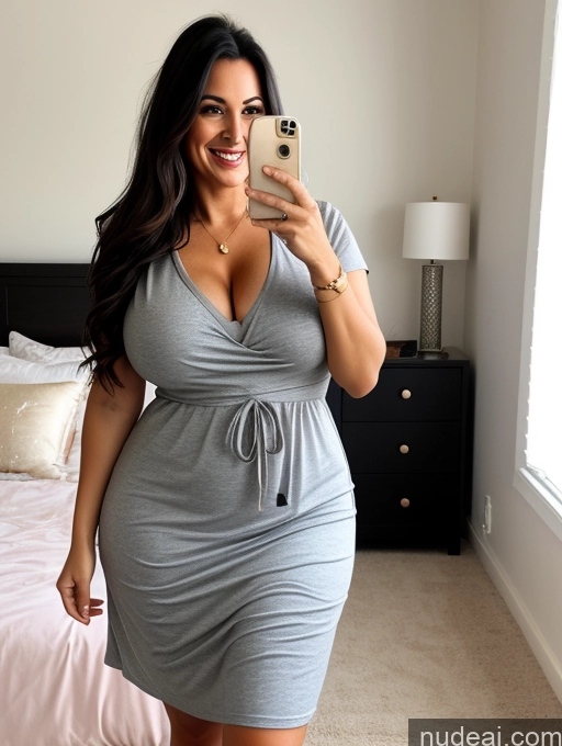 ai nude image of araffe woman in a gray dress taking a selfie in a bedroom pics of Woman Busty Perfect Boobs Thick Big Hips Perfect Body 50s Happy Black Hair Long Hair Turkish Bedroom Front View Casual Dress