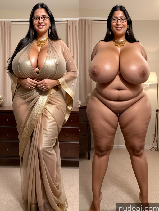 ai nude image of two pictures of a woman in a sari and a woman in a sari pics of One Busty Huge Boobs Beautiful Big Ass Long Legs Tall Perfect Body 30s Happy Black Hair Gold Jewelry Jewelry Milf Glasses Long Hair Indian Bedroom Front View Spreading Legs Nude Blouse Sari Transparent Onoff