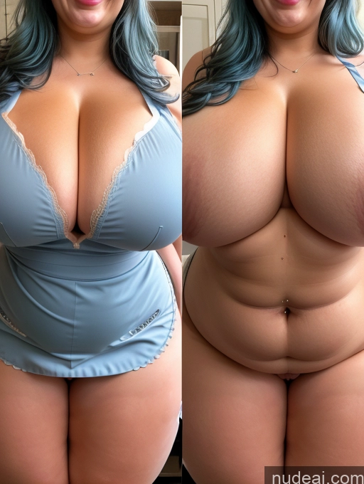 ai nude image of arafed woman with blue hair and big tits posing for a picture pics of Lingerie Model Busty Huge Boobs Perfect Boobs Beautiful Thick Chubby Fat Happy 30s Blue Hair Filipina Apron Cleavage Close-up View Onoff