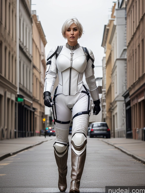 related ai porn images free for Woman Skinny Perfect Body 50s White Hair Pixie Street Front View Boots Busty Mech Suit