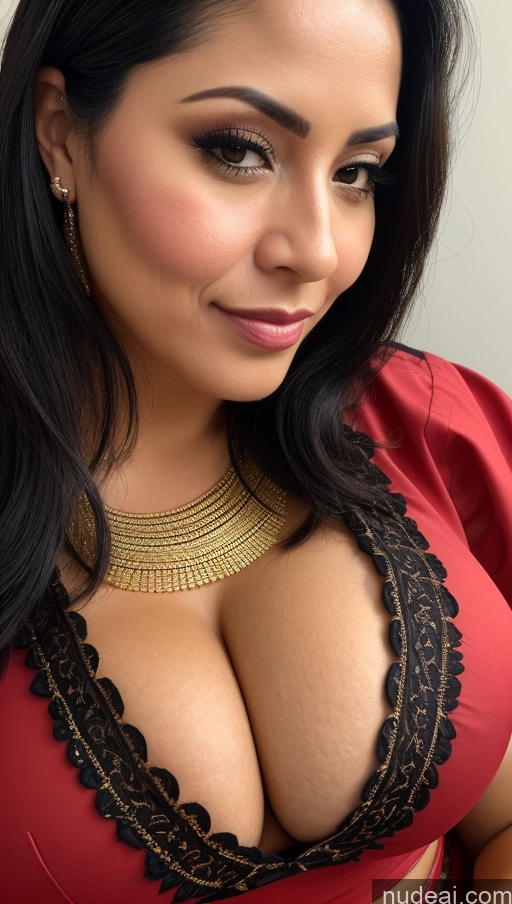 ai nude image of a close up of a woman wearing a red top and gold necklace pics of Woman Busty Perfect Boobs Beautiful 30s Black Hair Slicked Latina Close-up View Traditional One